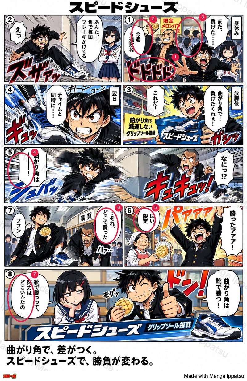 Before: 7か所に丸を付けて指摘（セリフの変更・擬音の削除・矢印の向き）